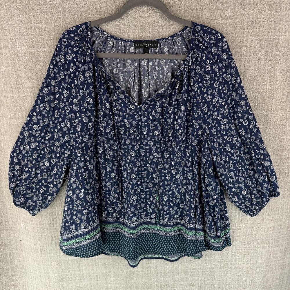 Fred David Blouse Womens L Blue Tunic V-Neck Floral Ruffle Hawaiian Lightweight